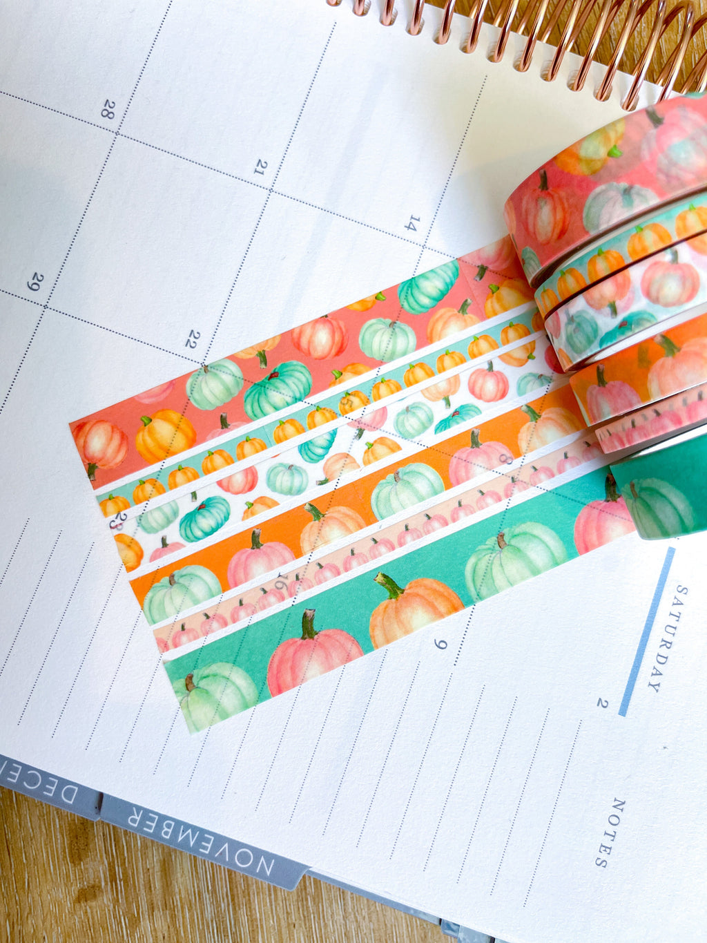 Pastel Boho Teal Pink & Orange Pumpkins Washi Tape Set (#W068)
