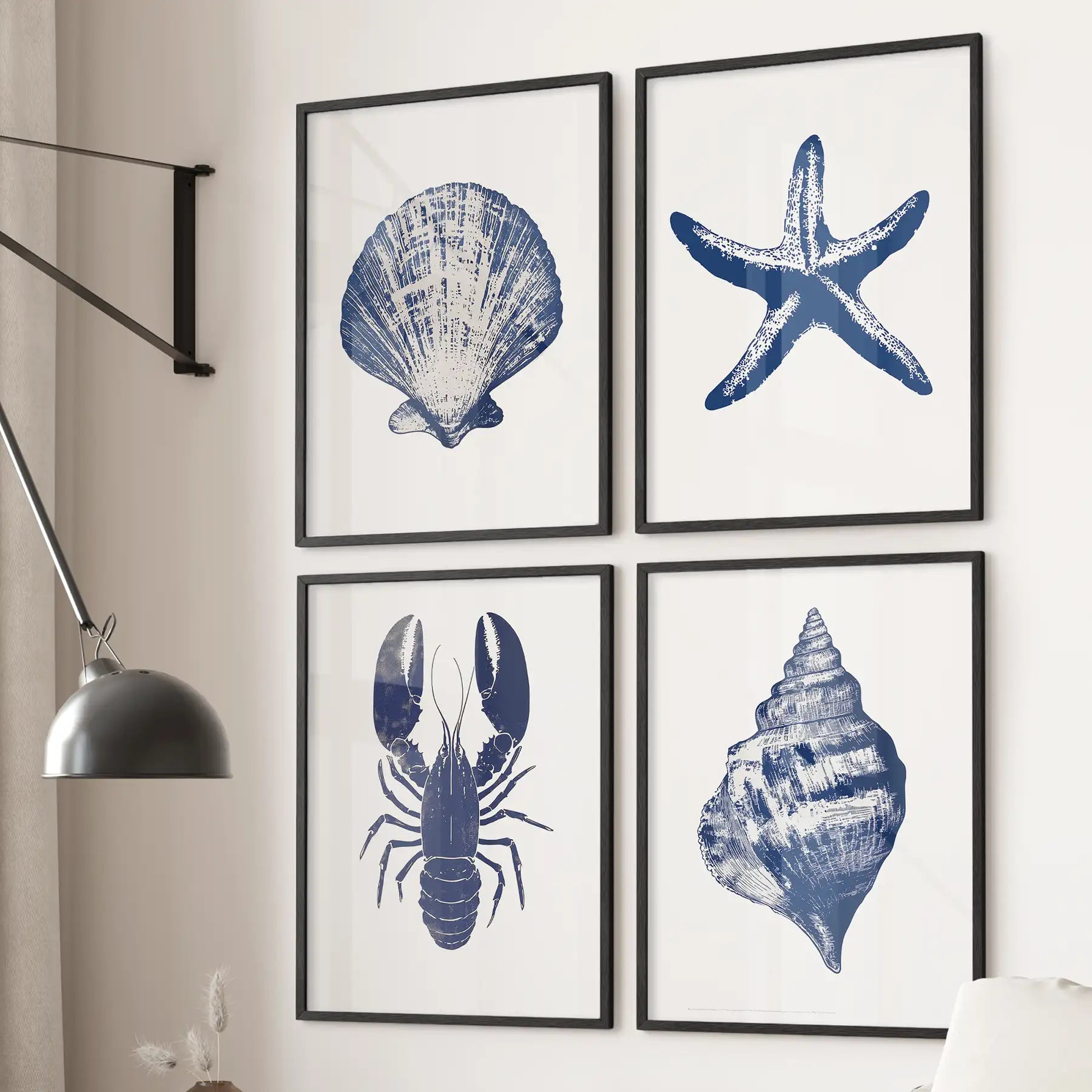 Set of 4 Art Prints. Starfish, Lobster, Seashell