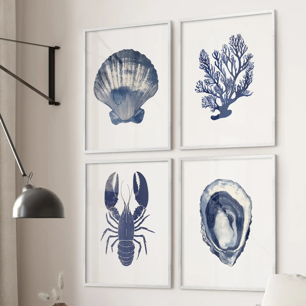 Set of 4 Piece. Lobster, Shell, Seaweed Wall Art