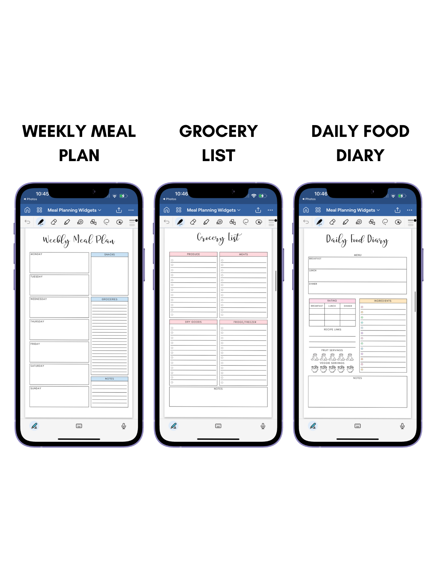 Digital Phone Planner Meal Planner Widgets