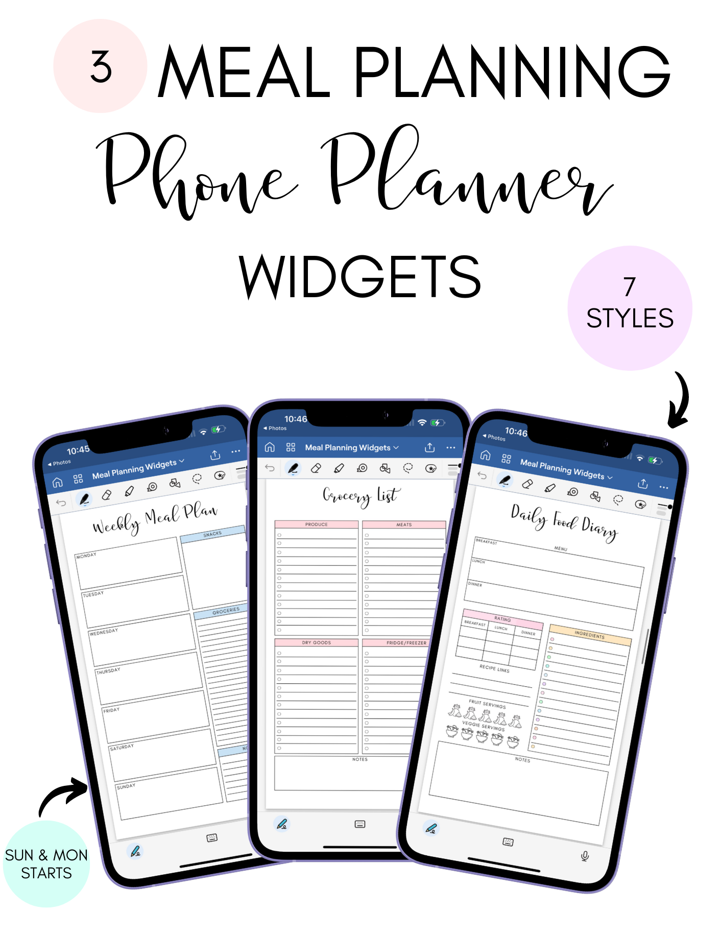 Digital Phone Planner Meal Planner Widgets