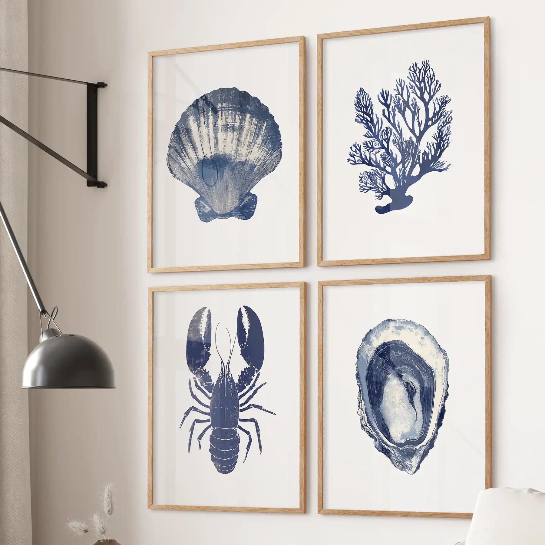 Set of 4 Piece. Lobster, Shell, Seaweed Wall Art