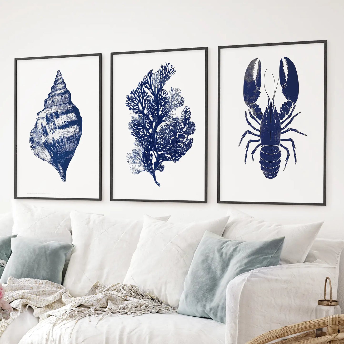 Sea Life Set of 3. Coral, Shell, Lobster Art Poster