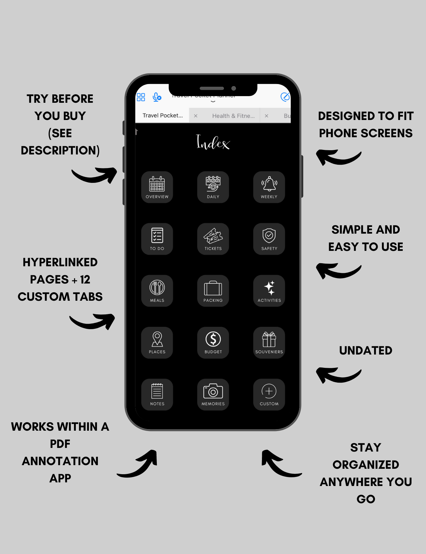 Digital Travel Phone Planner Dark Mode