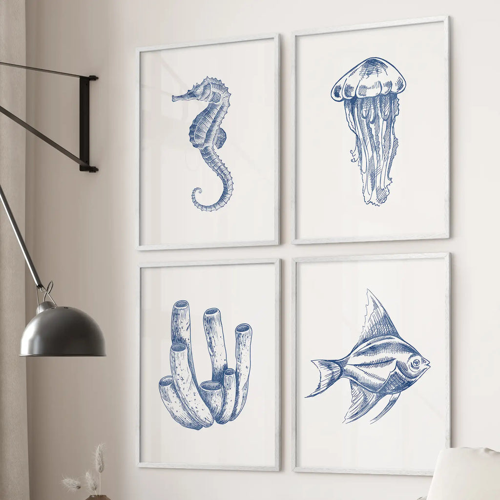 Blue Coastal Artwork. Set of 4 Posters. Jellyfish, Fish Print