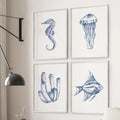 Blue Coastal Artwork. Set of 4 Posters. Jellyfish, Fish Print
