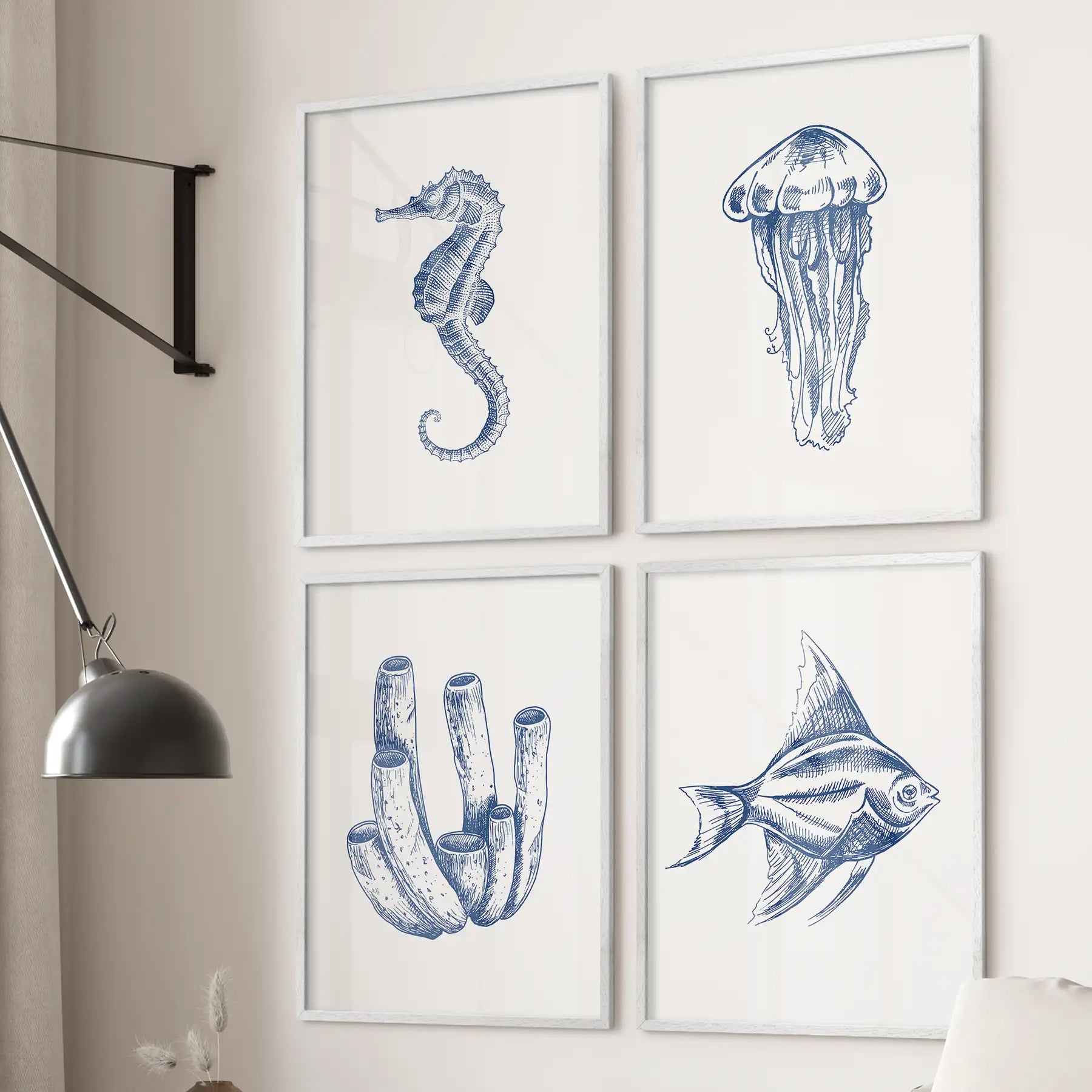 Blue Coastal Artwork. Set of 4 Posters. Jellyfish, Fish Print
