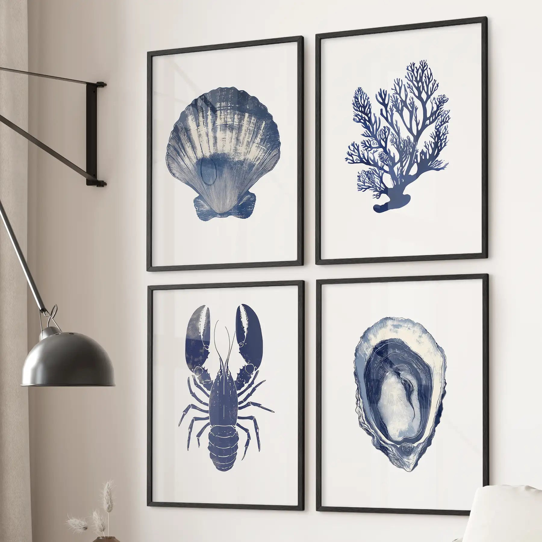 Set of 4 Piece. Lobster, Shell, Seaweed Wall Art