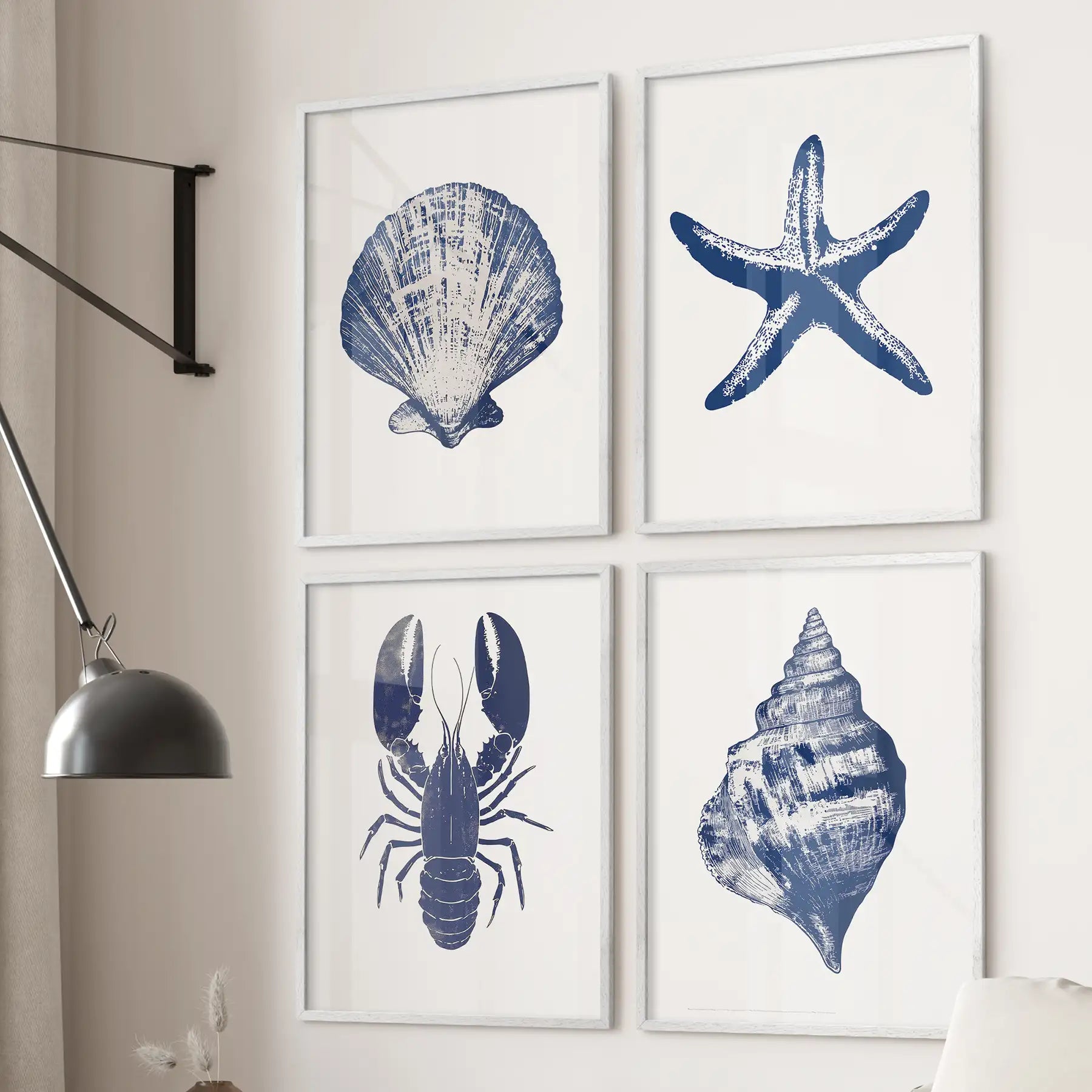 Set of 4 Art Prints. Starfish, Lobster, Seashell