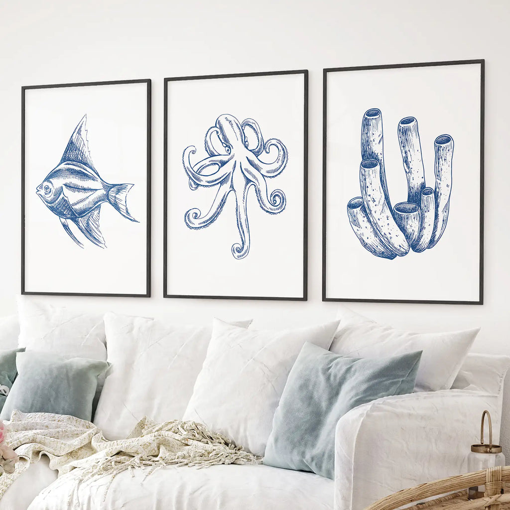 3 Piece Marine Themed Wall Art Set. Octopus, Fish, Coral