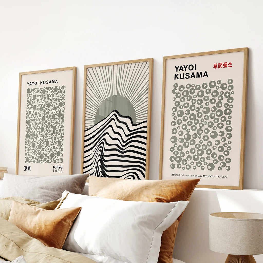 Exhibition Style Wall Art. Set of 3 Sage Green Bauhaus Prints for Apartment or Dorm