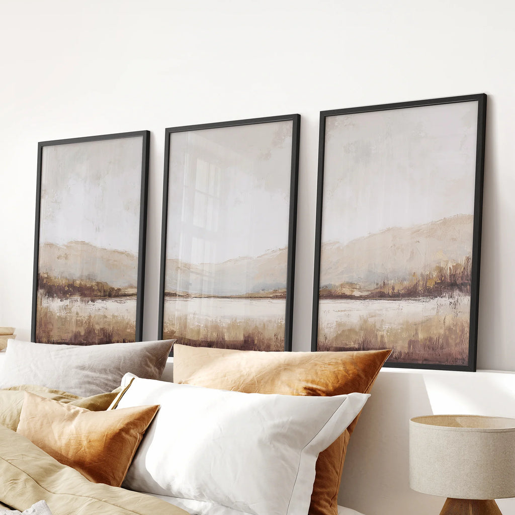 Neutral Beige Brown Landscape Tryptich. Set of 3 Art Prints