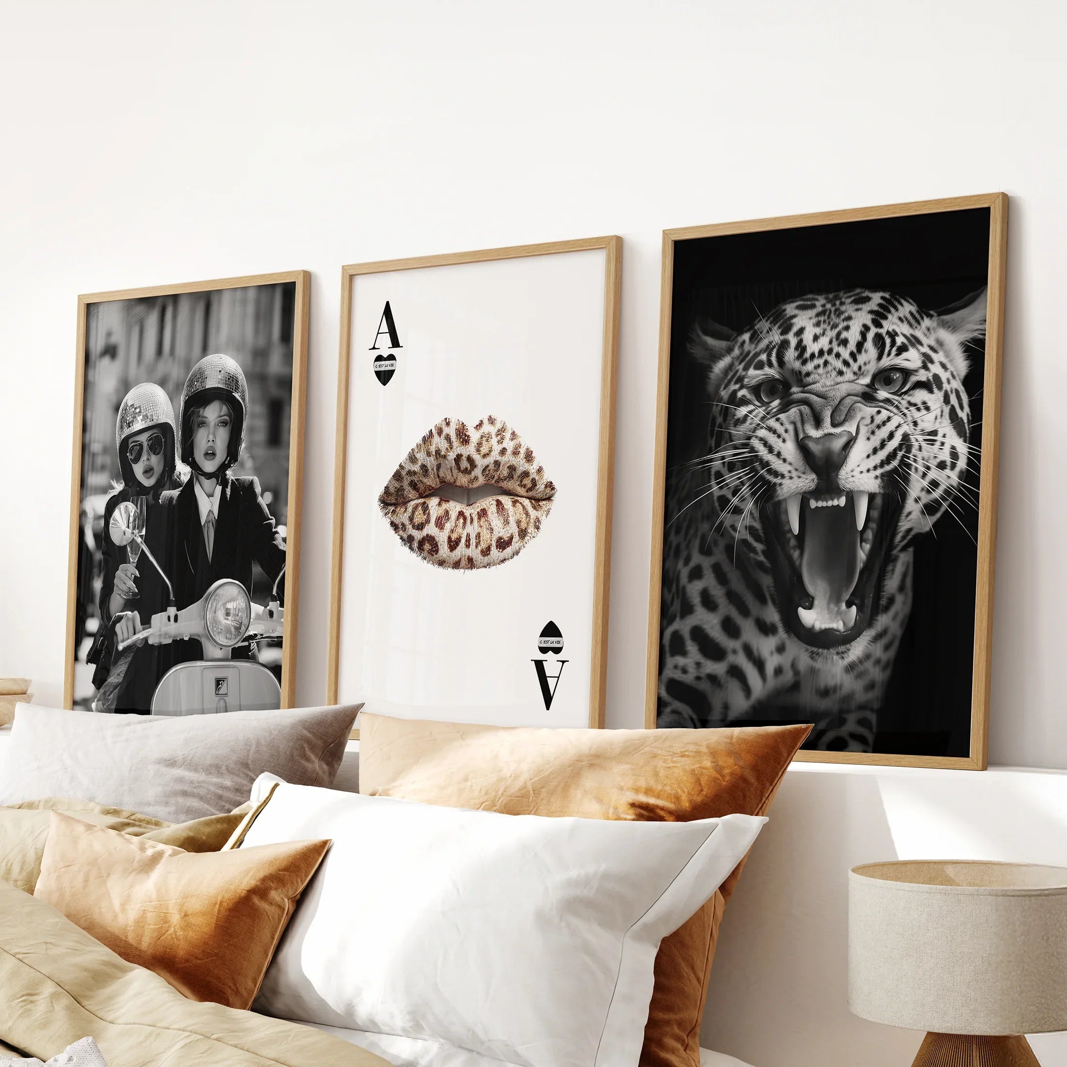 Black White Fashion Set of 3 Prints. Leopard, Lips, Scooter