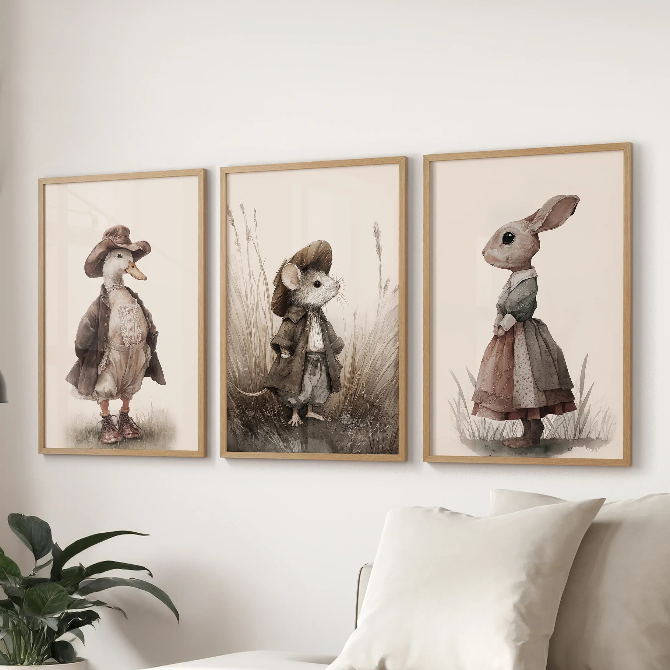 Vintage Animal Nursery Wall Art Set: Duck, Mouse, Rabbit