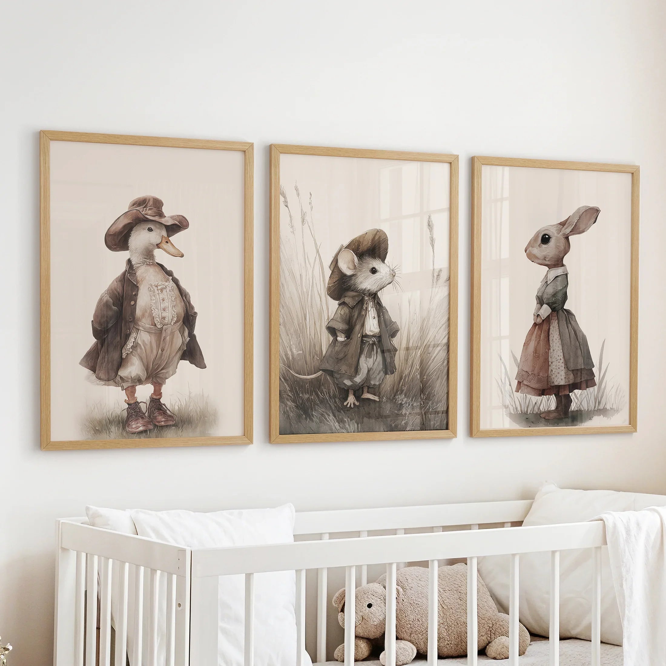 Vintage Animal Nursery Wall Art Set: Duck, Mouse, Rabbit