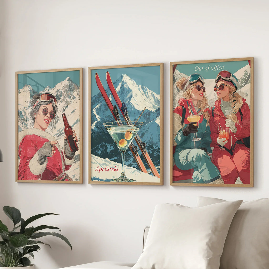 Winter Après Ski Scene Wall Art. Retro Alpine Print Set of 3