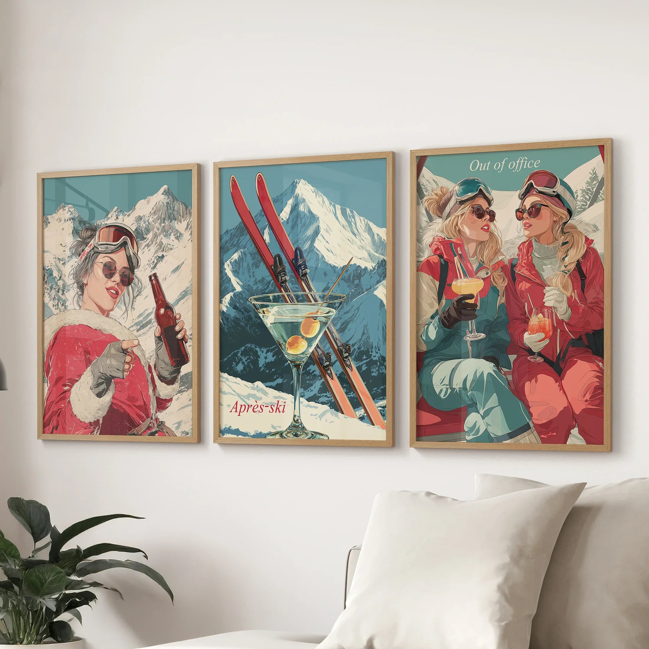 Winter Après Ski Scene Wall Art. Retro Alpine Print Set of 3