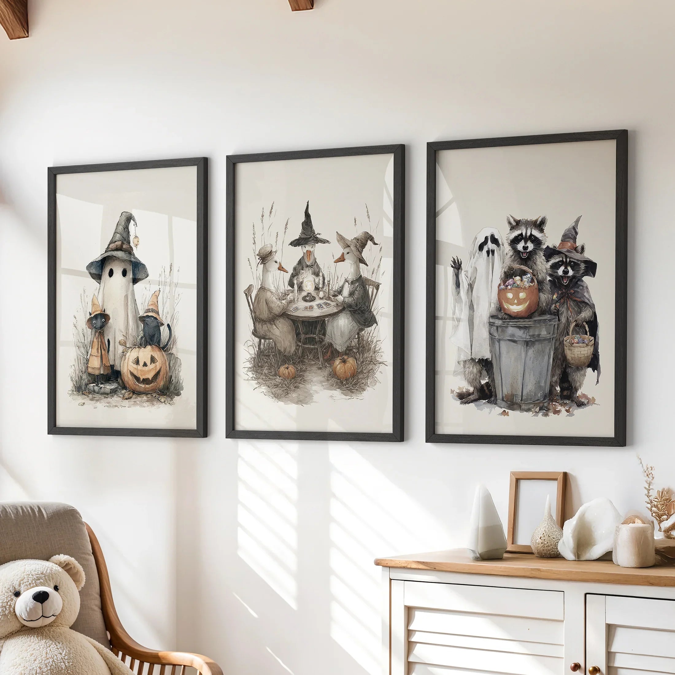 Halloween Set of 3 Wall Art. Ghost, Witch, Animals, Pumpkins