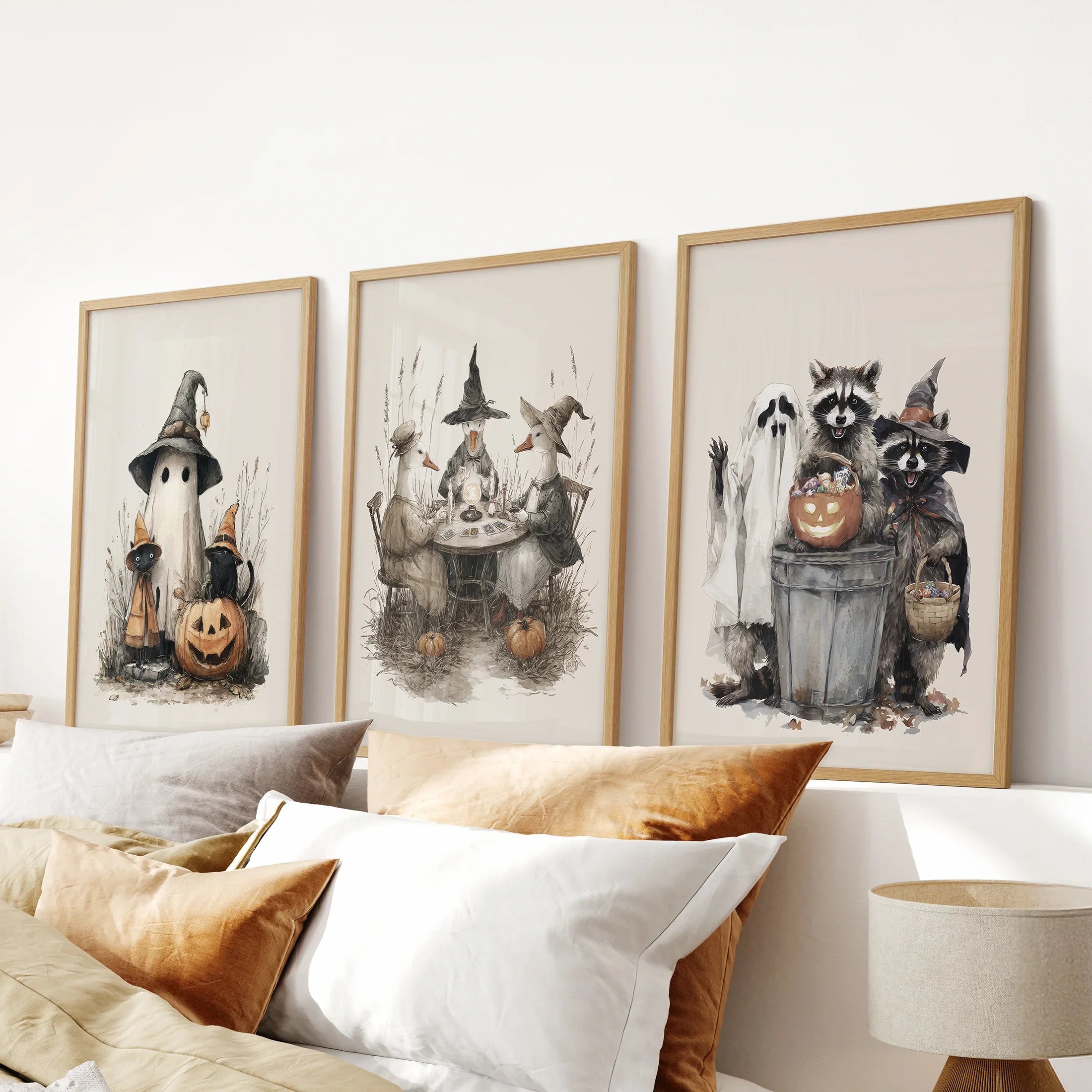Halloween Set of 3 Wall Art. Ghost, Witch, Animals, Pumpkins
