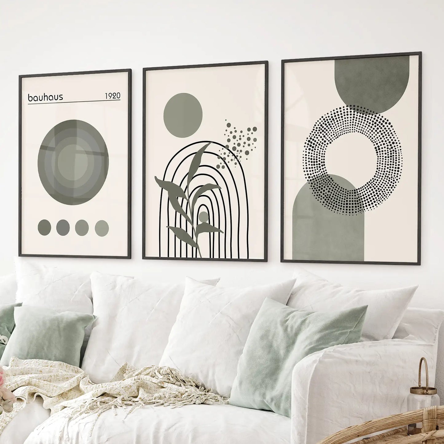 Boho Green Poster Set of 3. Bauhaus and Mid Century Abstract Prints