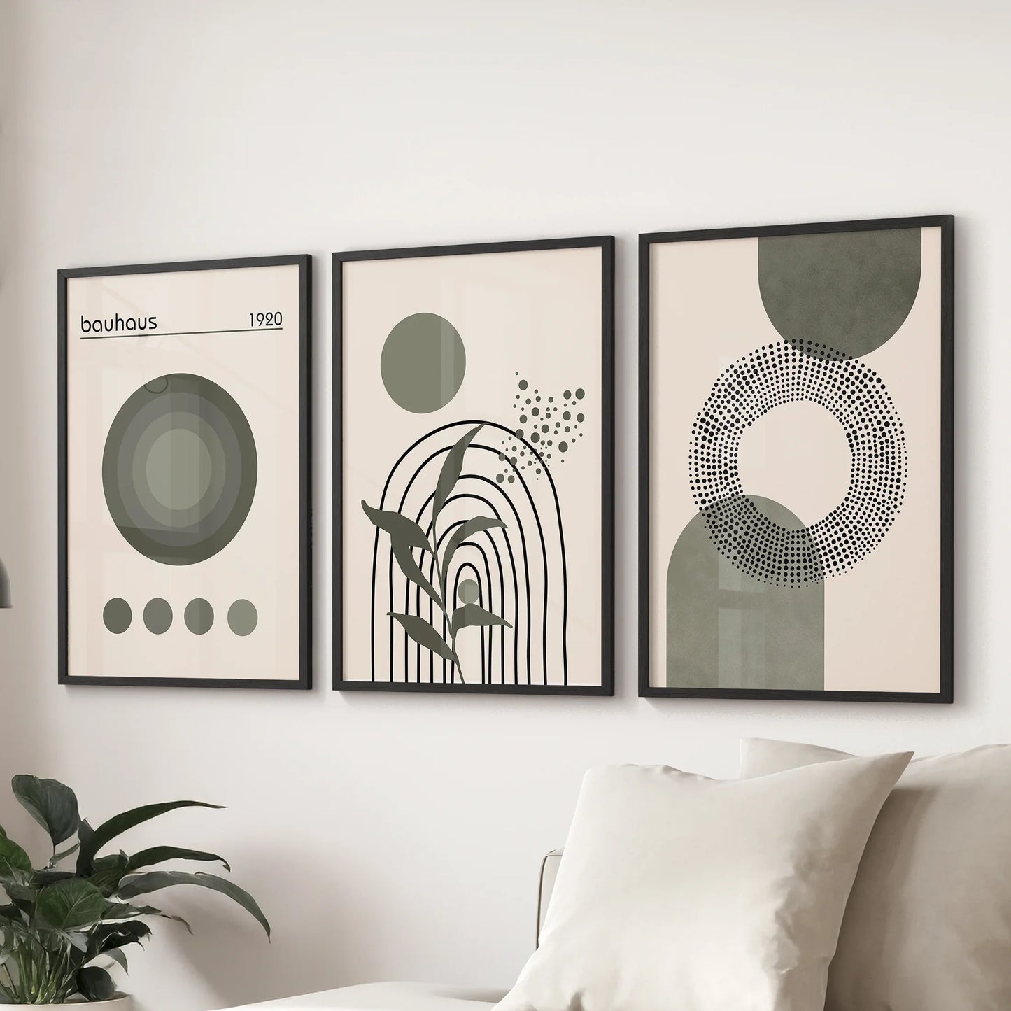 Boho Green Poster Set of 3. Bauhaus and Mid Century Abstract Prints