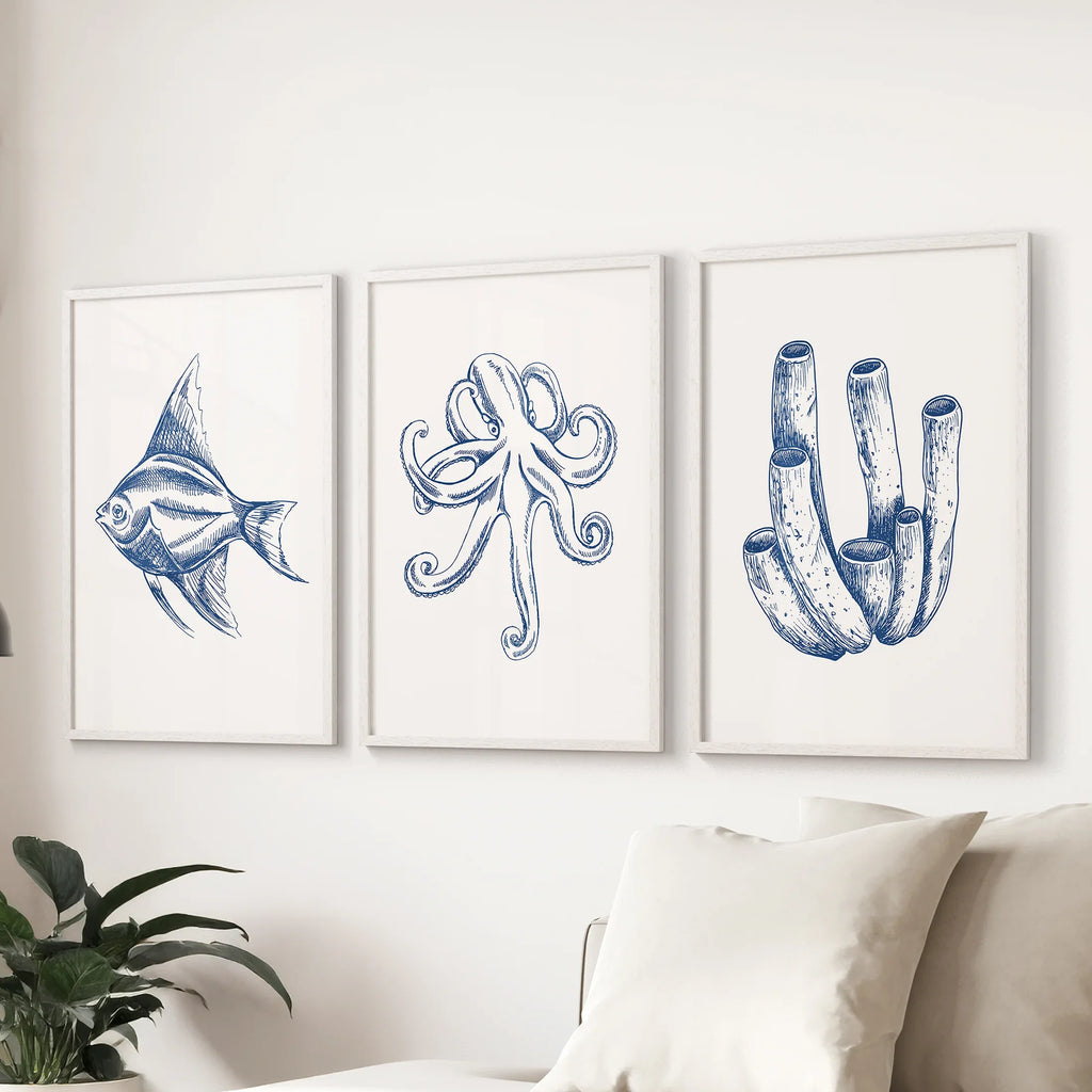 3 Piece Marine Themed Wall Art Set. Octopus, Fish, Coral