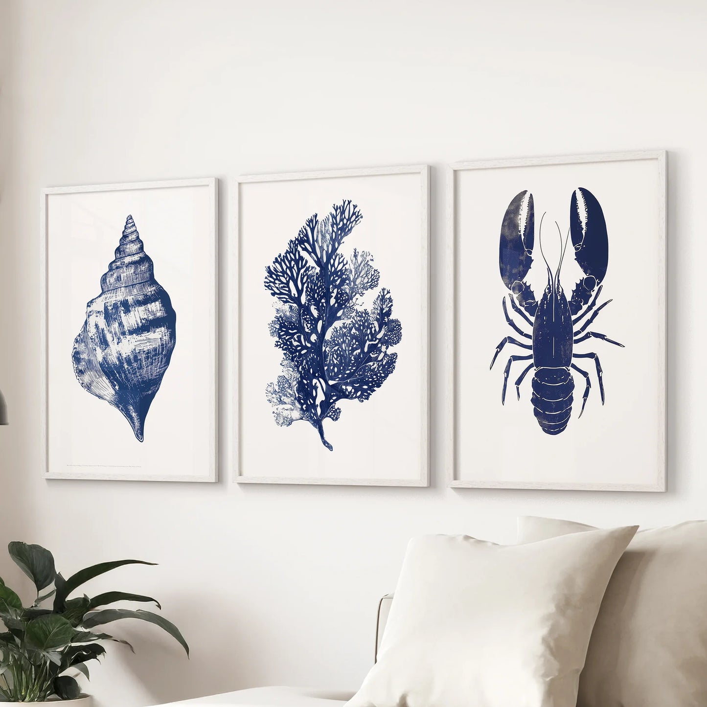 Sea Life Set of 3. Coral, Shell, Lobster Art Poster