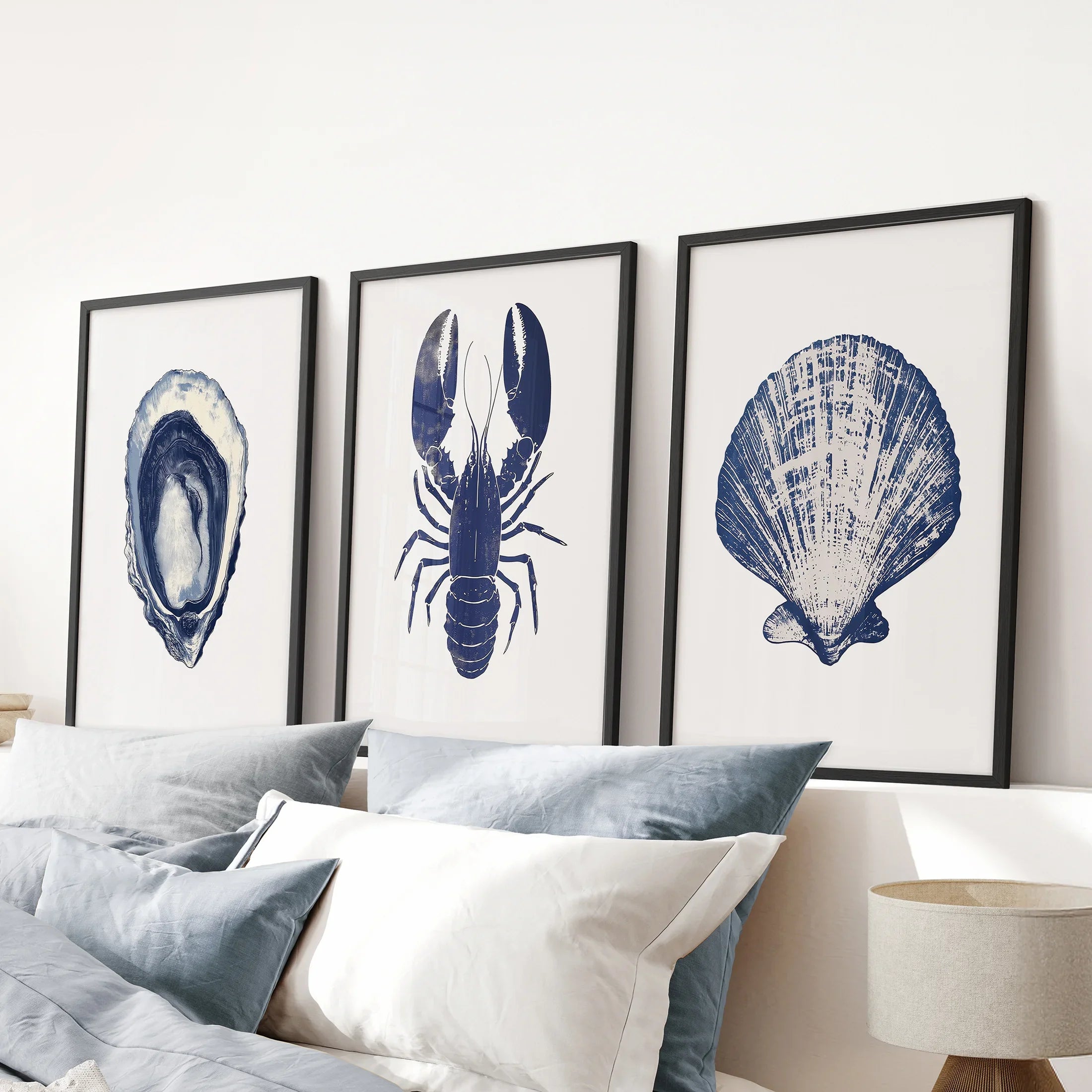 Lobster, Shell Nautical Prints.Coastal Set of 3 Piece