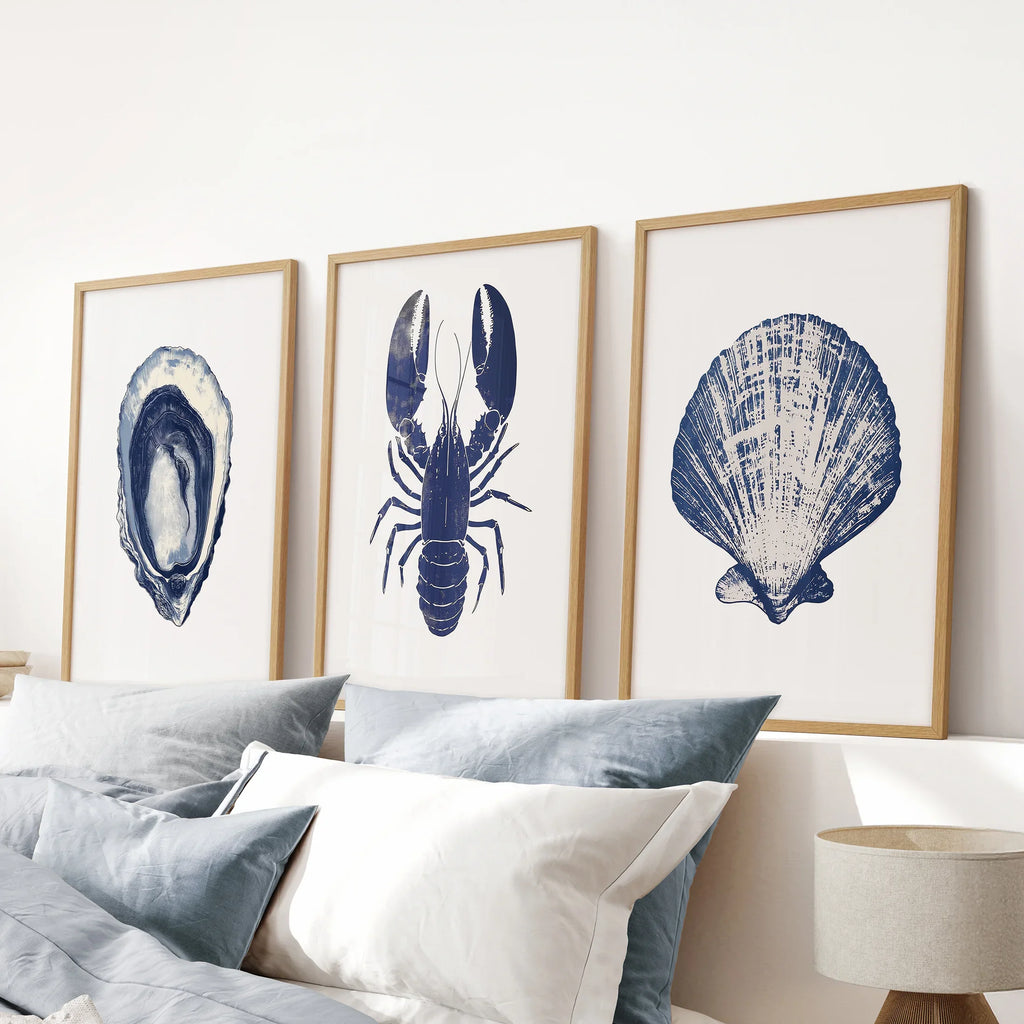 Lobster, Shell Nautical Prints.Coastal Set of 3 Piece