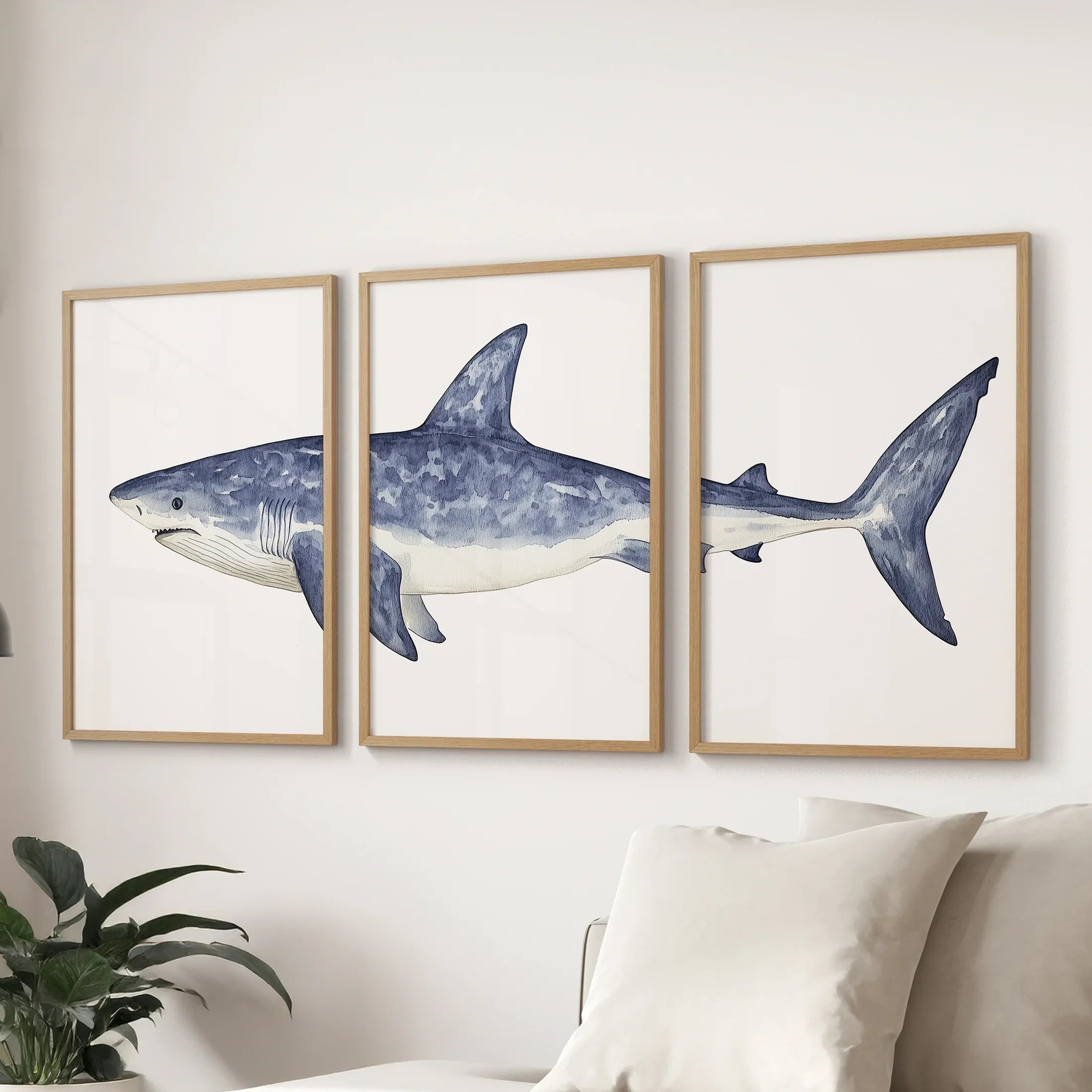 Shark Wall Art. Set of 3 Watercolor Ocean Animal Prints