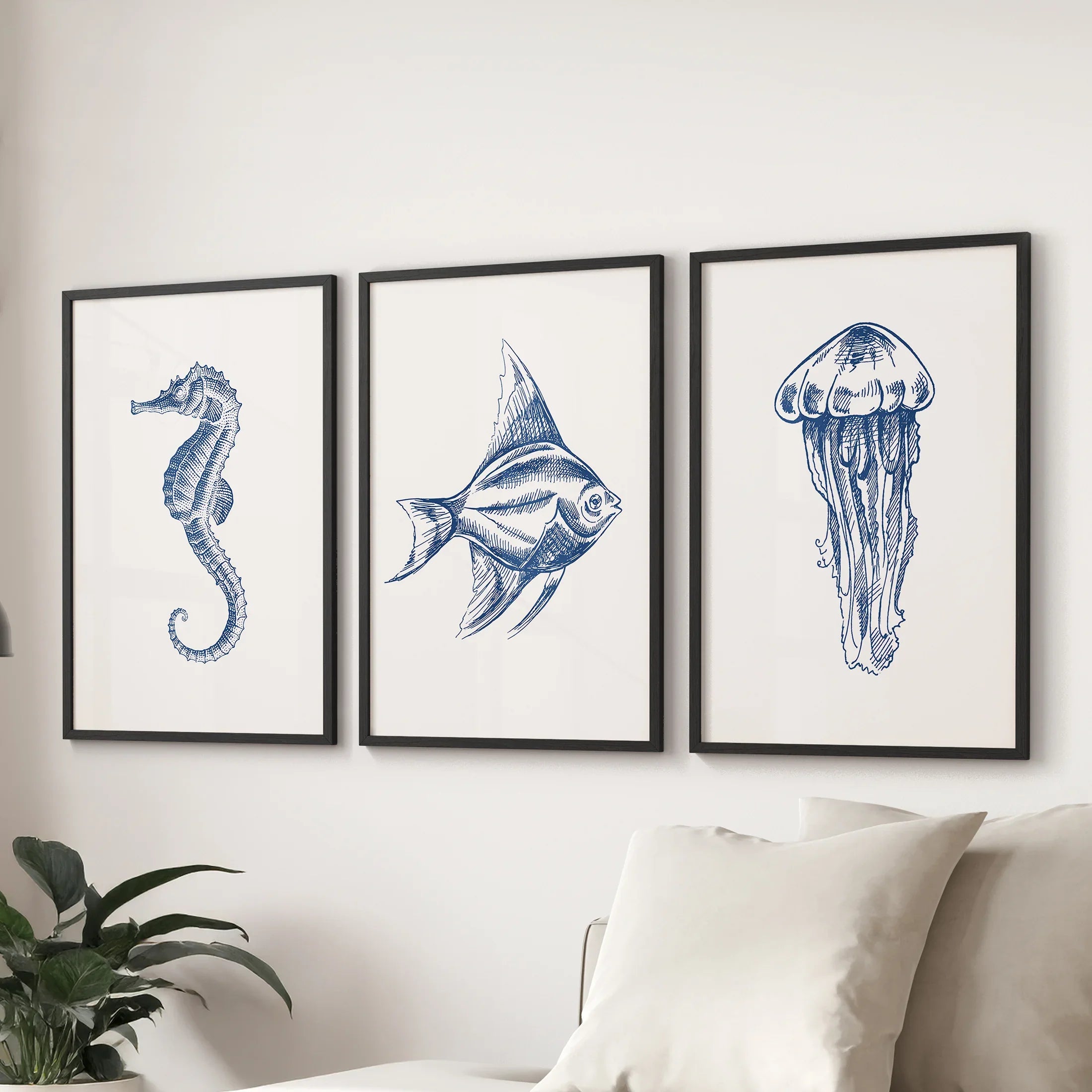 Sea Animal Posters. Seahorse, Fish, Jellyfish Art Print Set