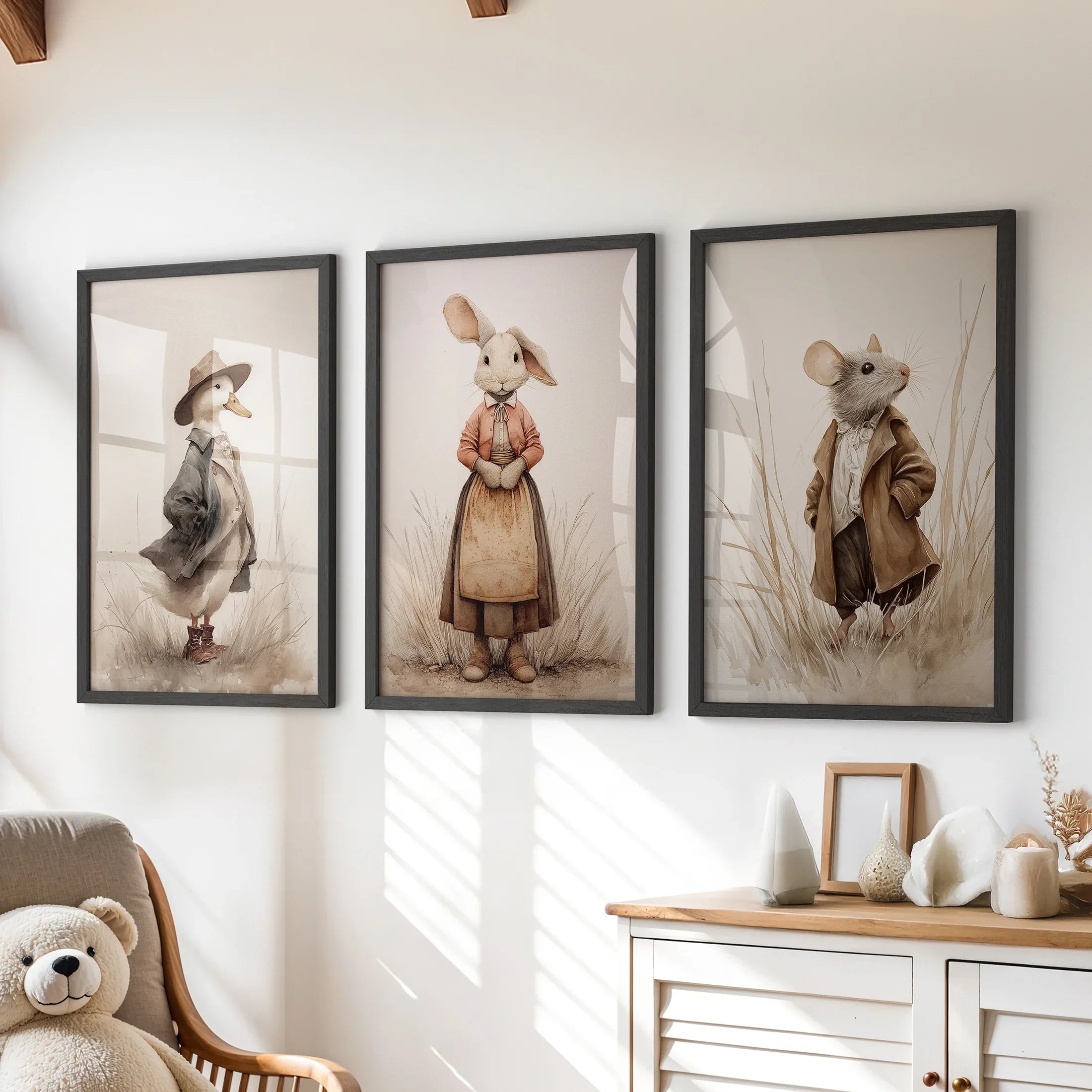 Whimsical Animal Wall Art. Dug & Mouse Set 3 Vintage Prints