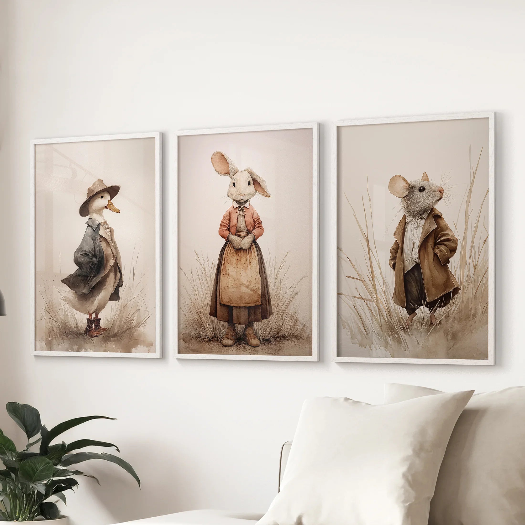 Whimsical Animal Wall Art. Dug & Mouse Set 3 Vintage Prints