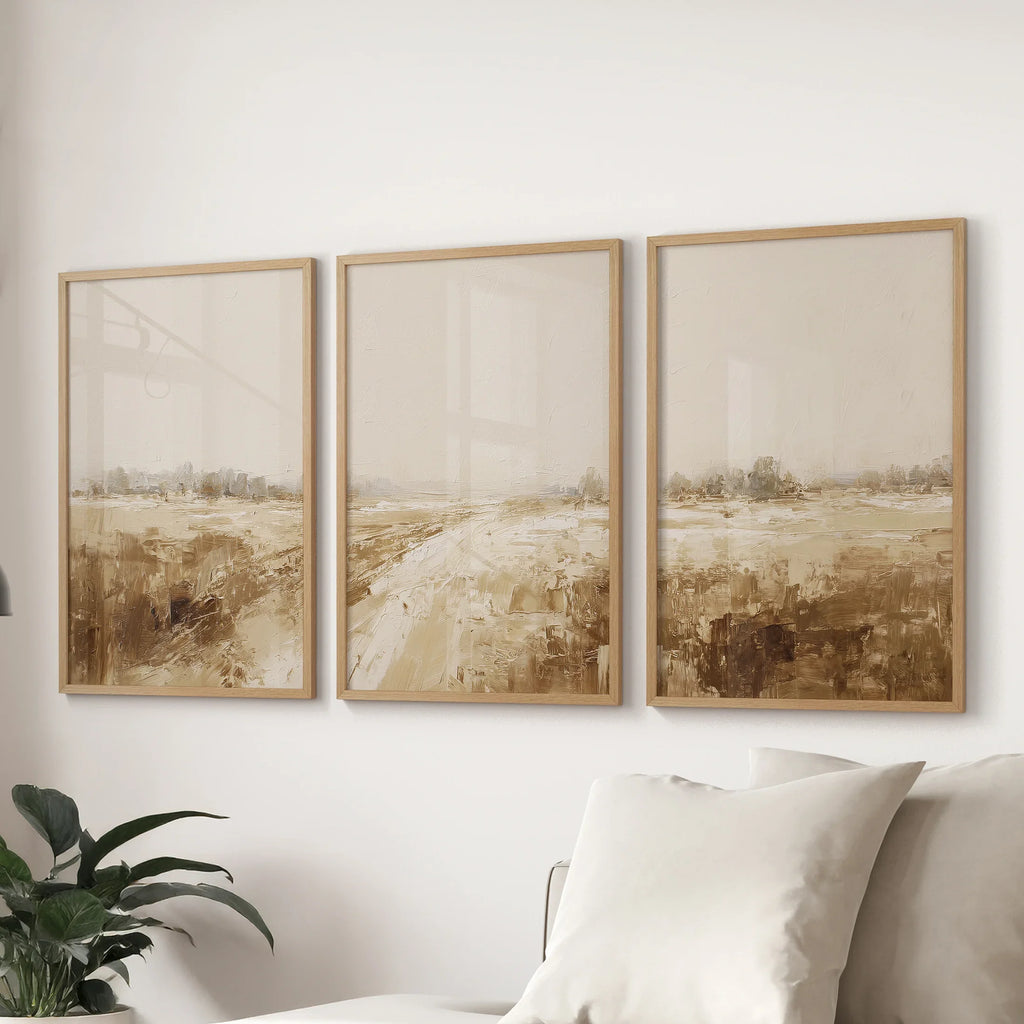 Neutral Abstract Landscape Art. Beige Farmhouse Triptych