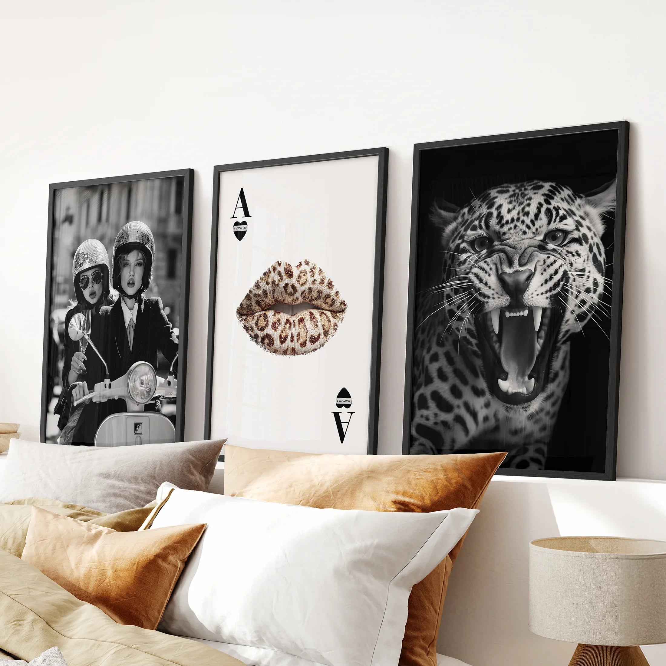 Black White Fashion Set of 3 Prints. Leopard, Lips, Scooter