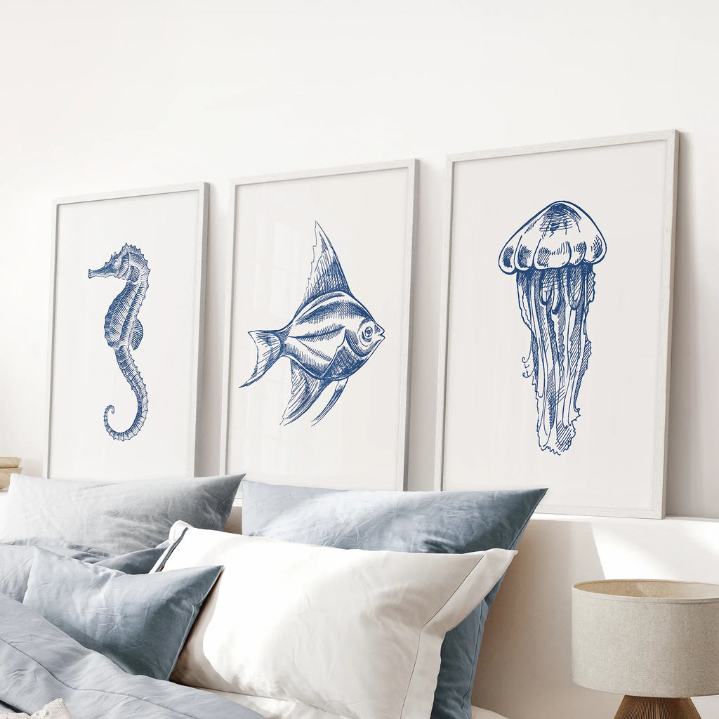 Sea Animal Posters. Seahorse, Fish, Jellyfish Art Print Set