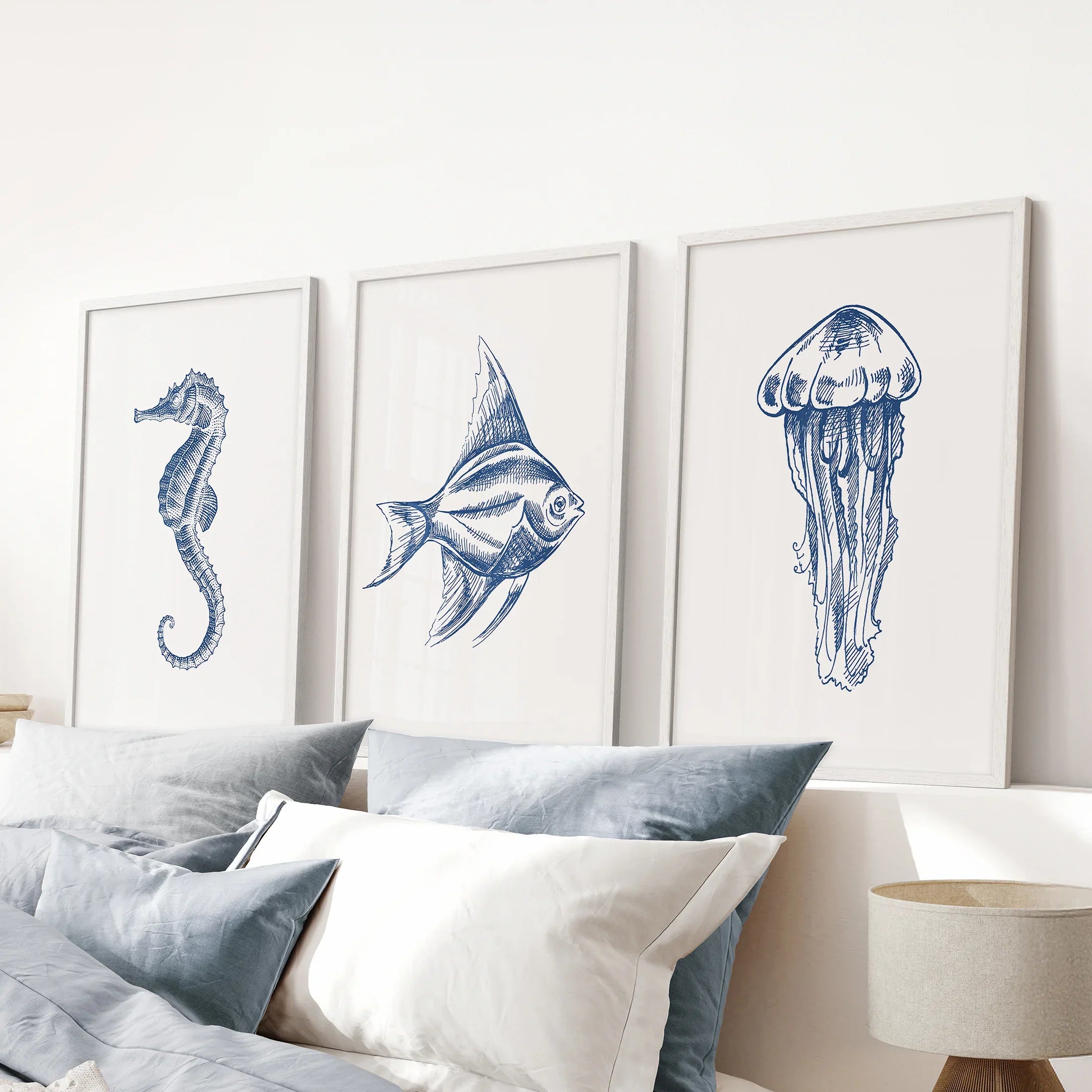 Sea Animal Posters. Seahorse, Fish, Jellyfish Art Print Set