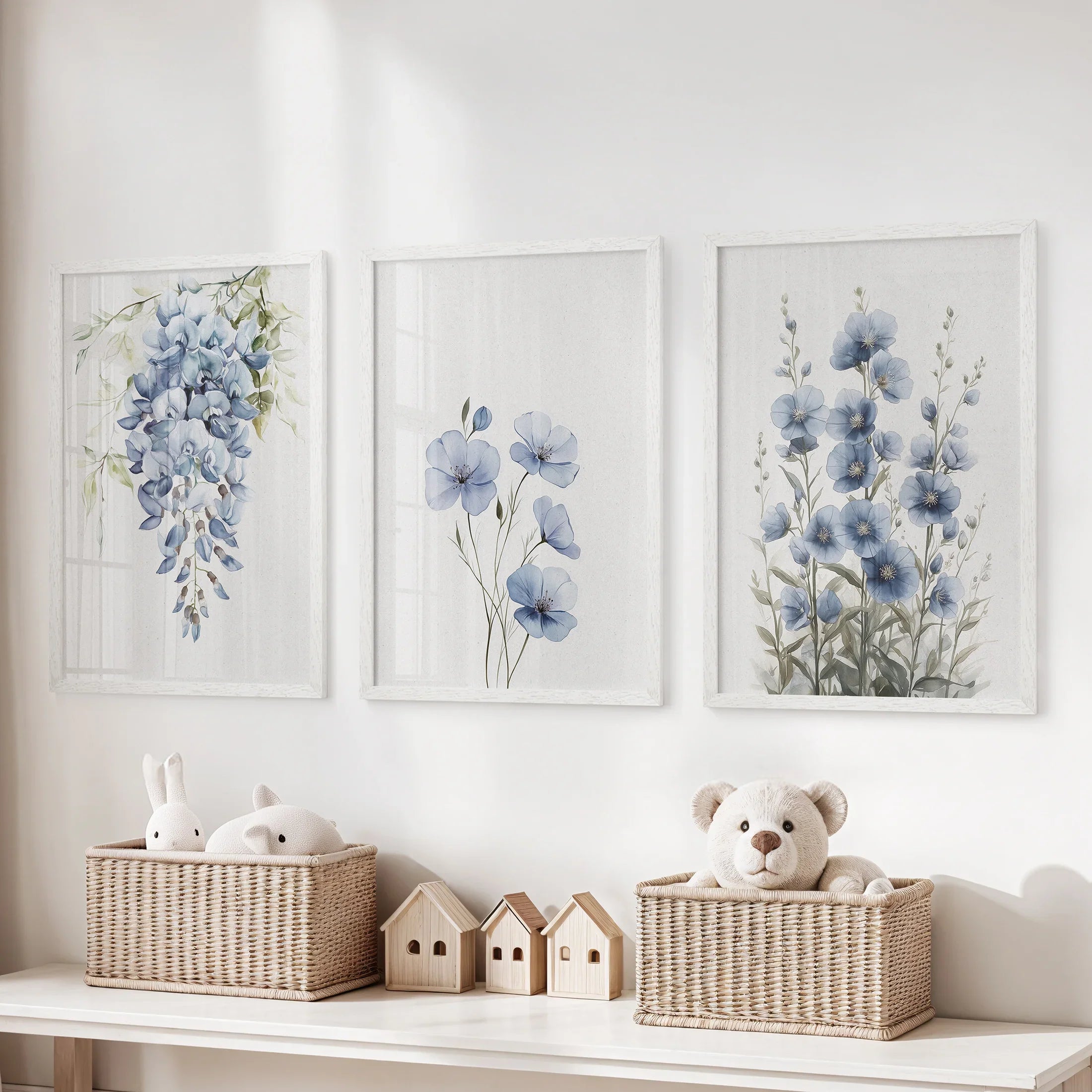 Blue Floral Watercolor Art Set of 3. Elegant Prints