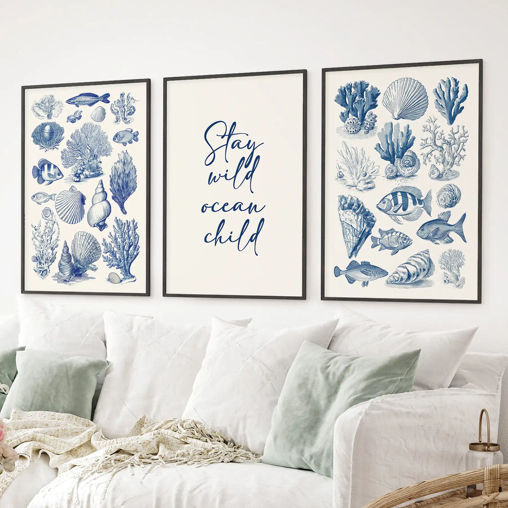 Coastal Sea Life Prints. Blue Sea Shells and Fish Print Set