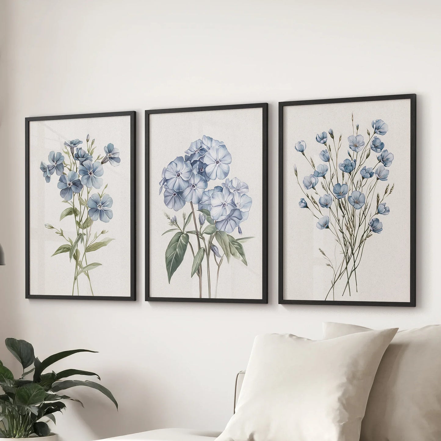 Watercolor Blue Flowers Wall Art. Set of 3 Prints