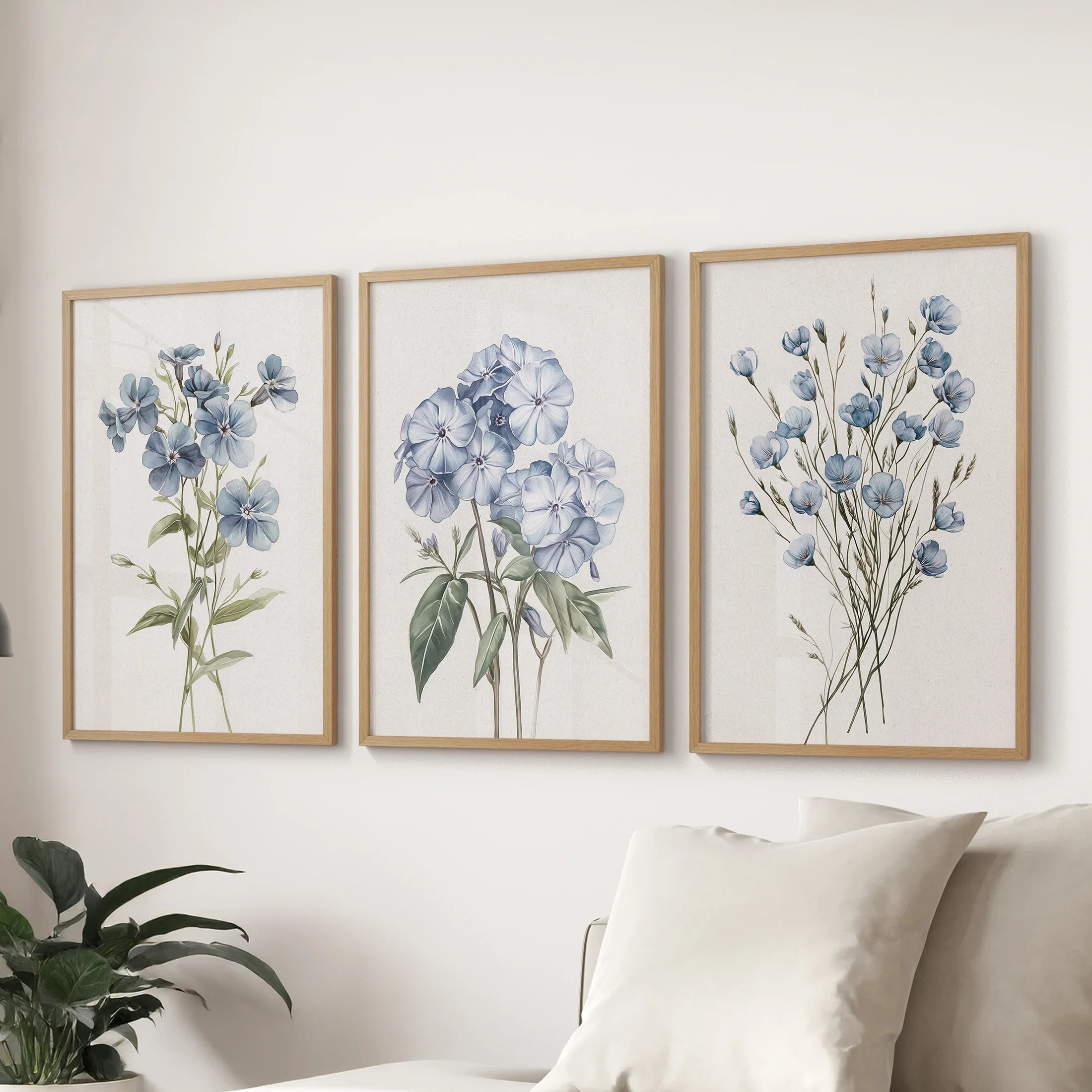 Watercolor Blue Flowers Wall Art. Set of 3 Prints