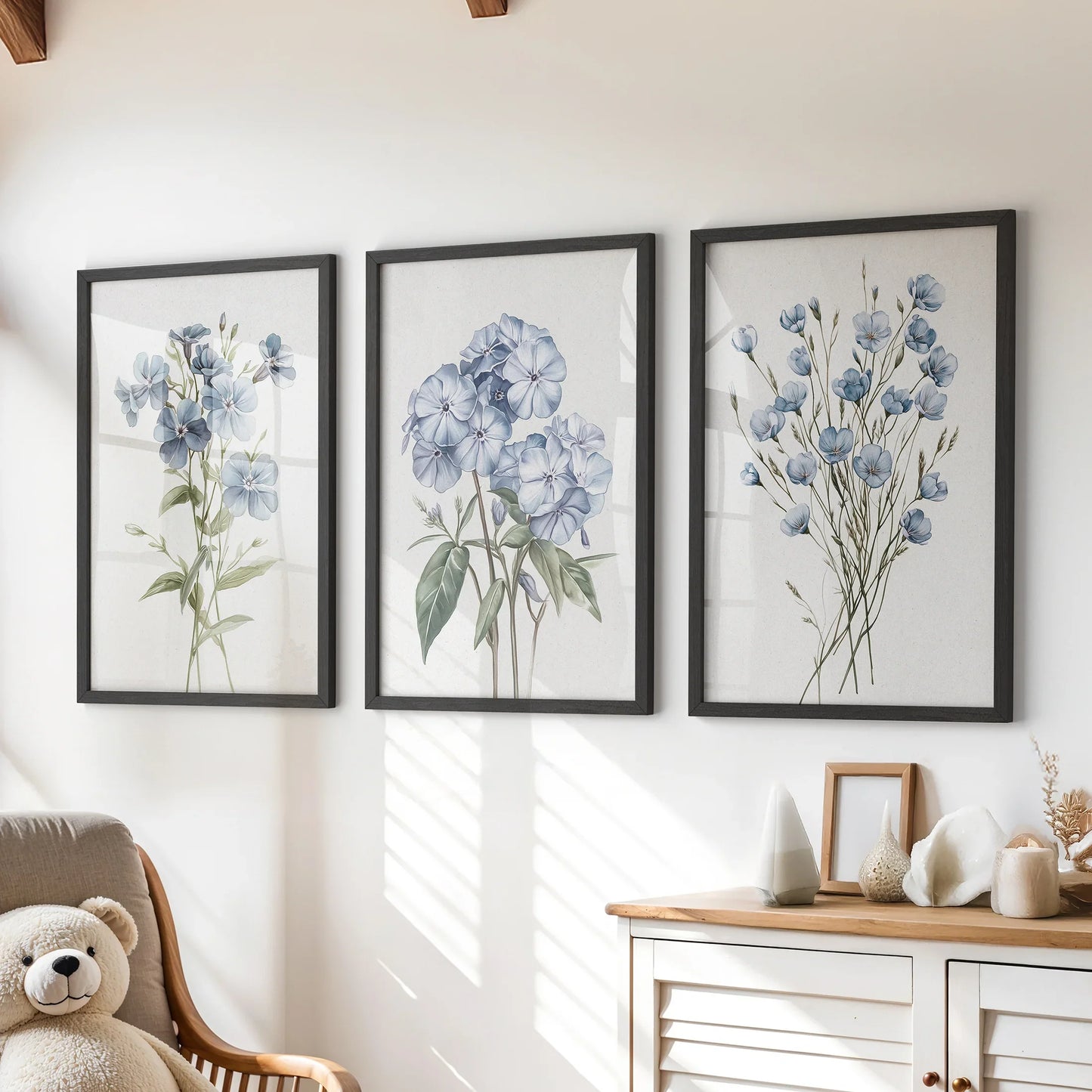 Watercolor Blue Flowers Wall Art. Set of 3 Prints