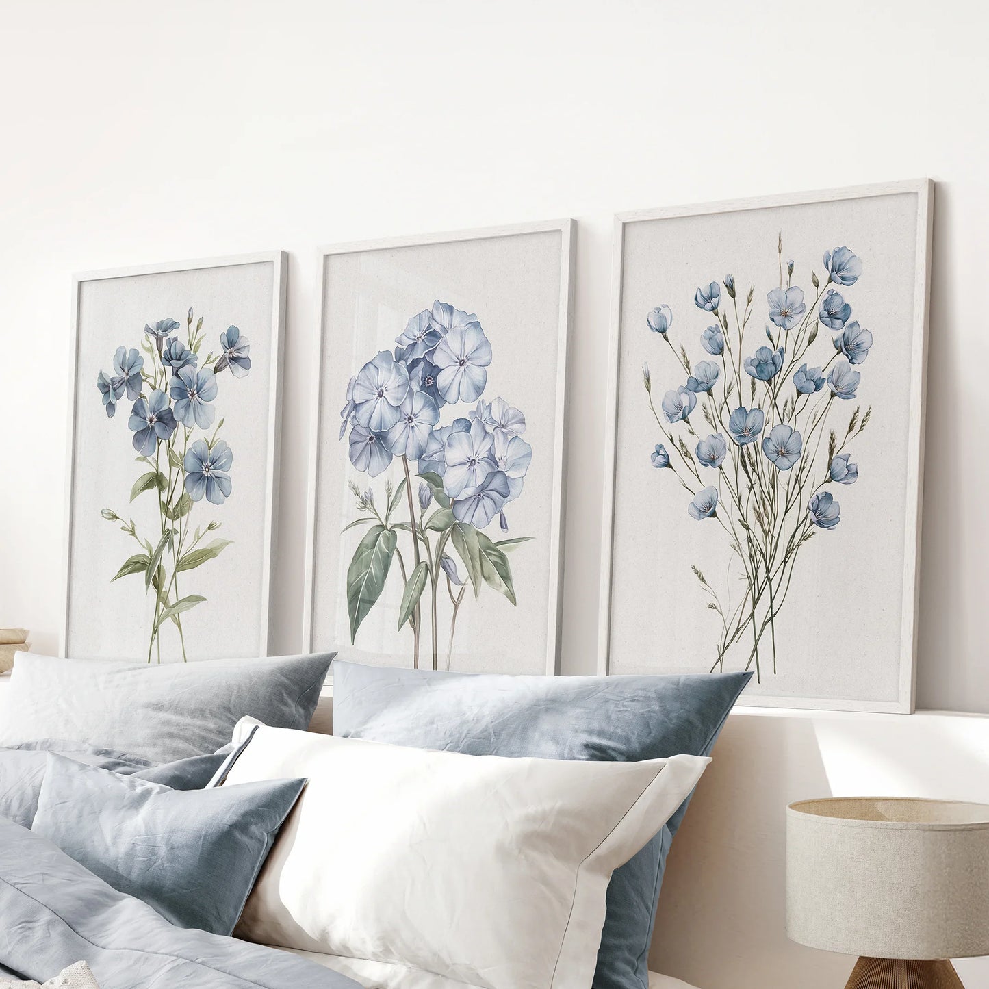 Watercolor Blue Flowers Wall Art. Set of 3 Prints