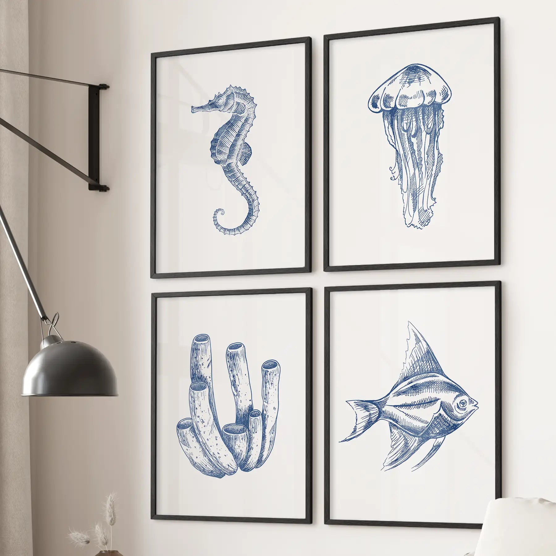 Blue Coastal Artwork. Set of 4 Posters. Jellyfish, Fish Print