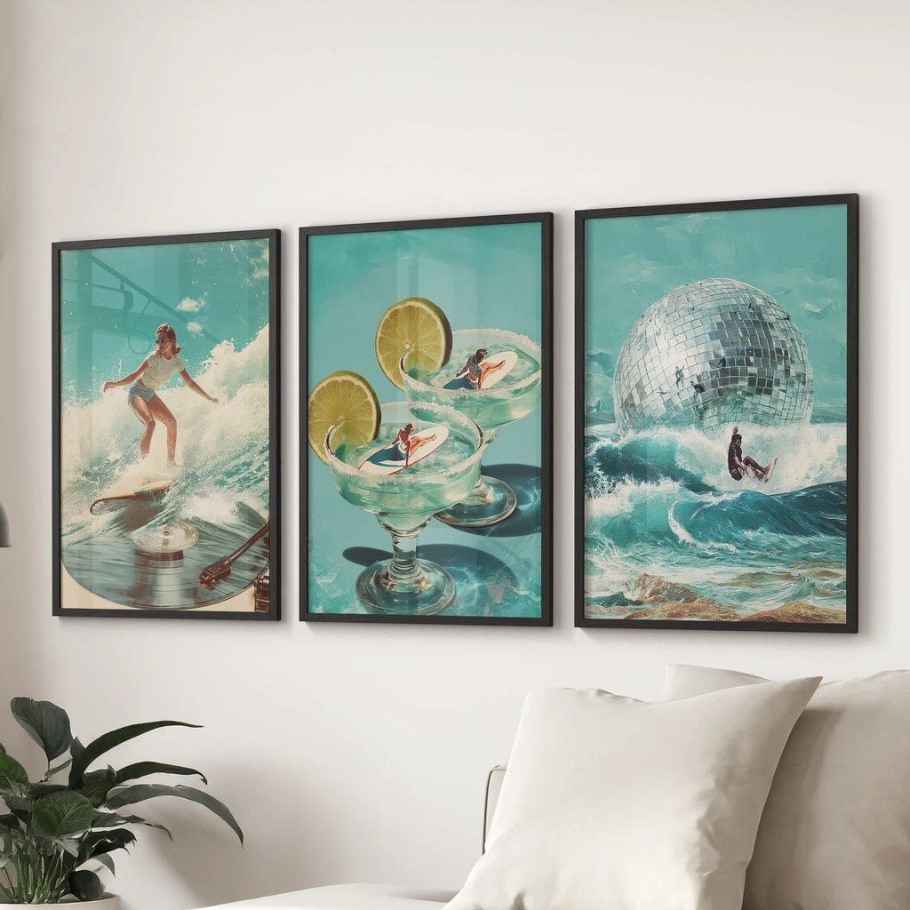 Retro Coastal Surfing Wall Art Set of 3. Surreal Blue Wave
