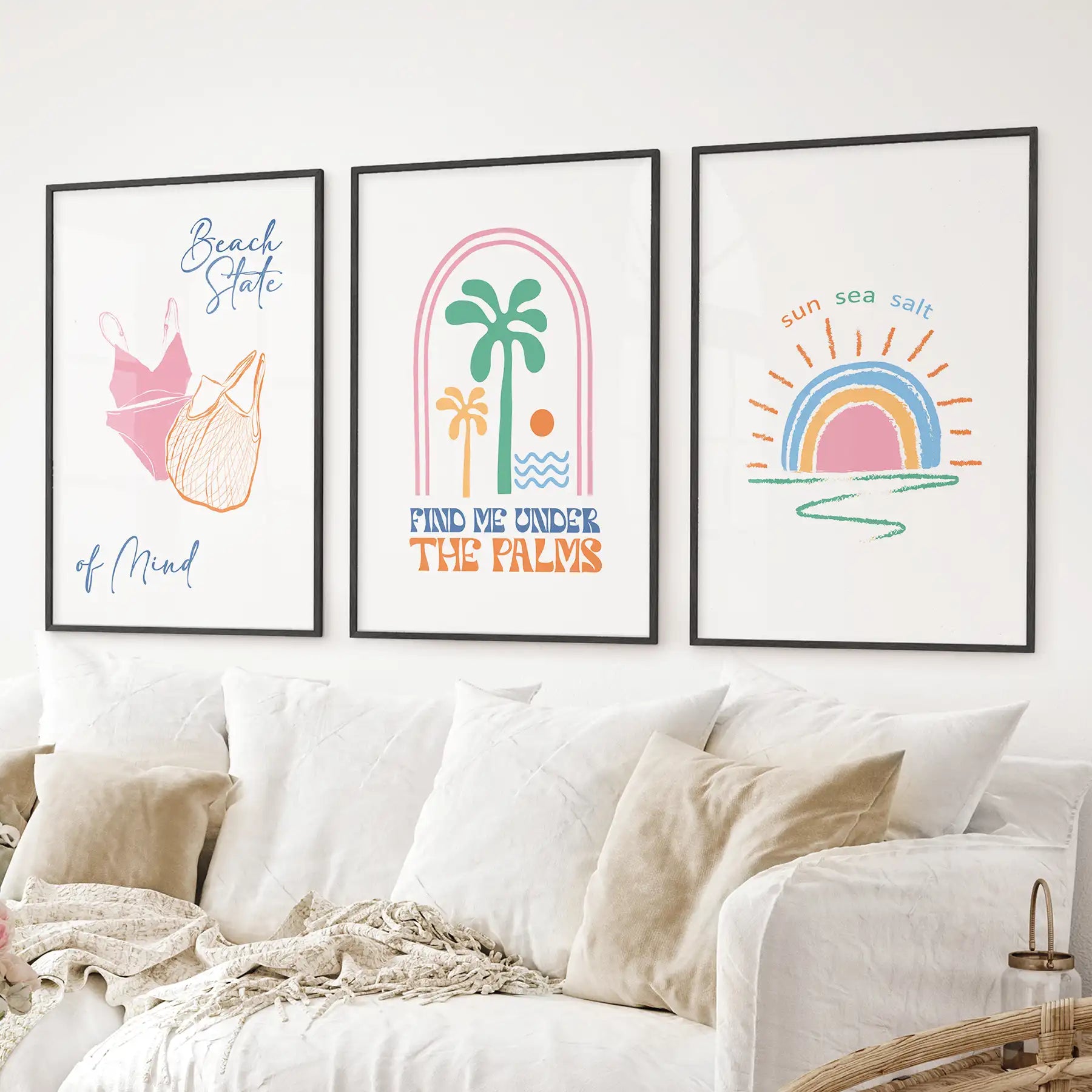 Coastal Summer Vibes Wall Decor. Palm Sunset Poster Set of 3