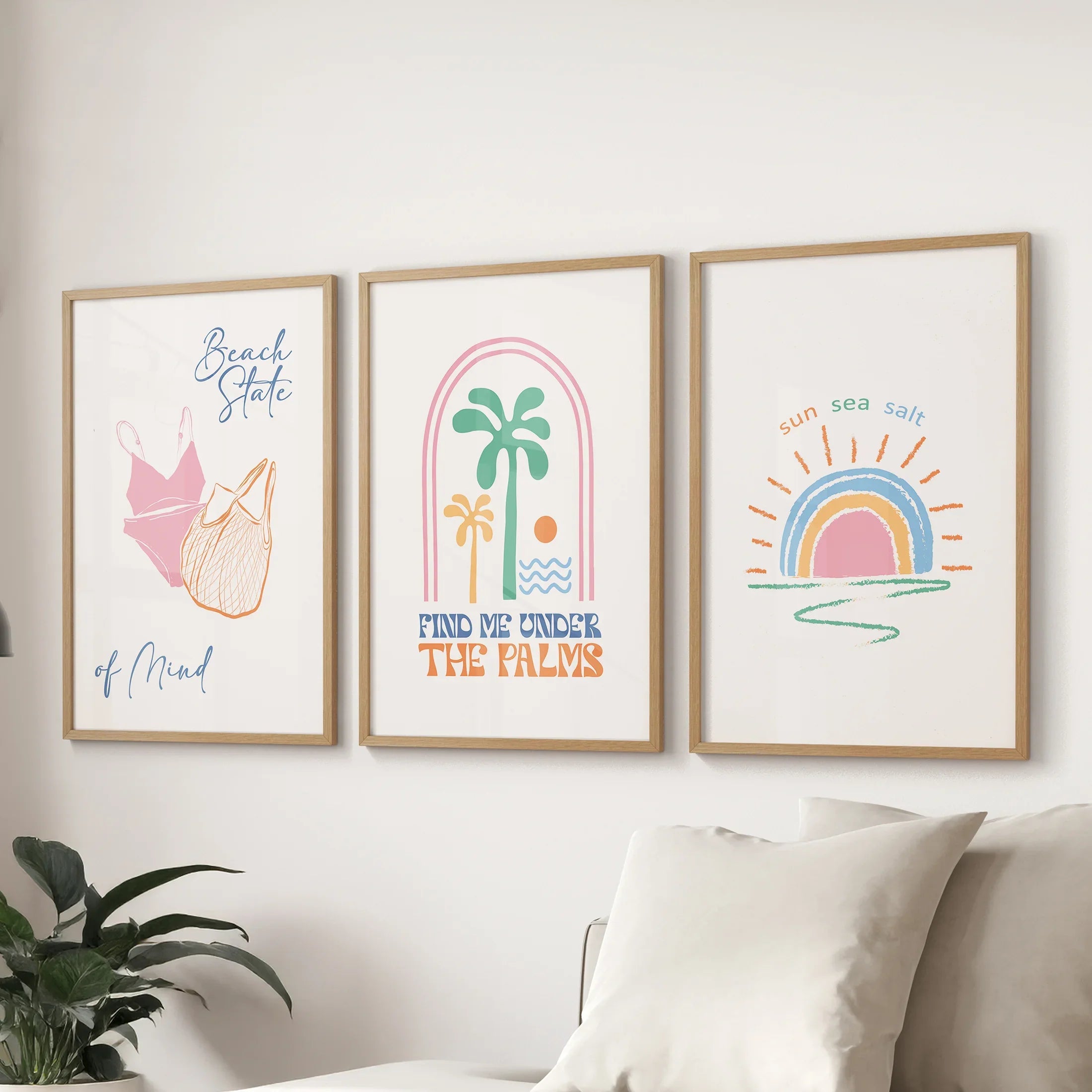 Coastal Summer Vibes Wall Decor. Palm Sunset Poster Set of 3
