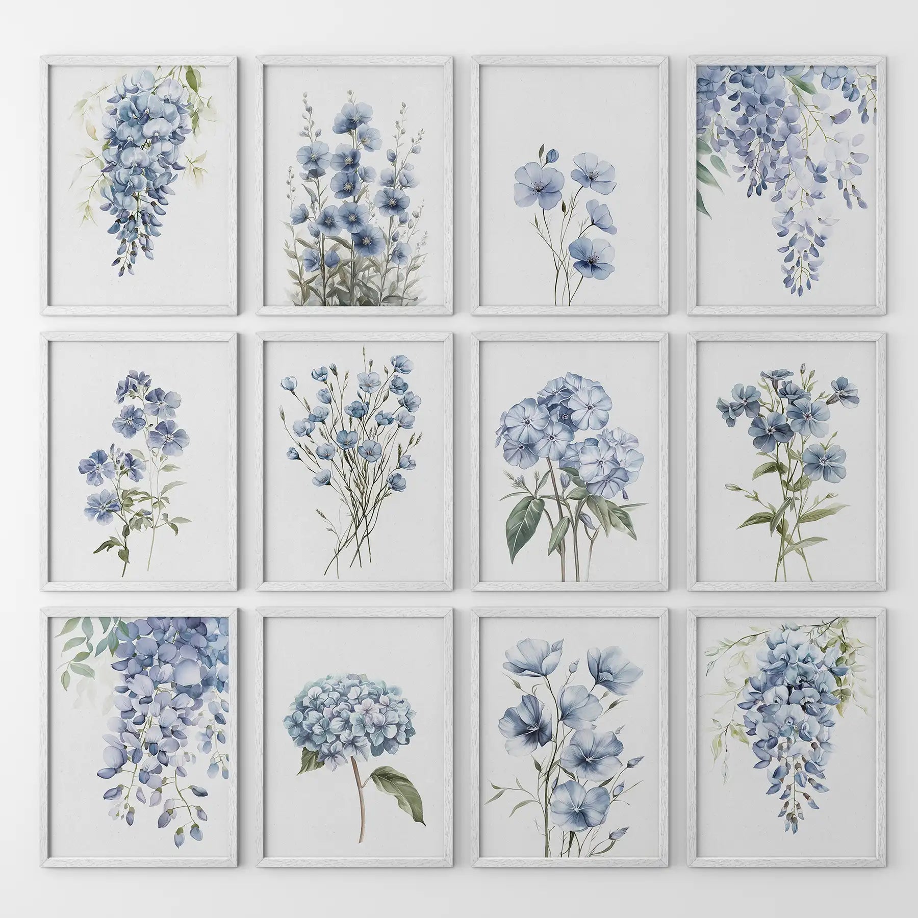 Set of 12 Watercolor Flowers Prints. Blue Hydrangea Wall Art