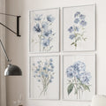 Blue Botanical Wall Art Set of 4 Prints. Flax, Phlox Flowers