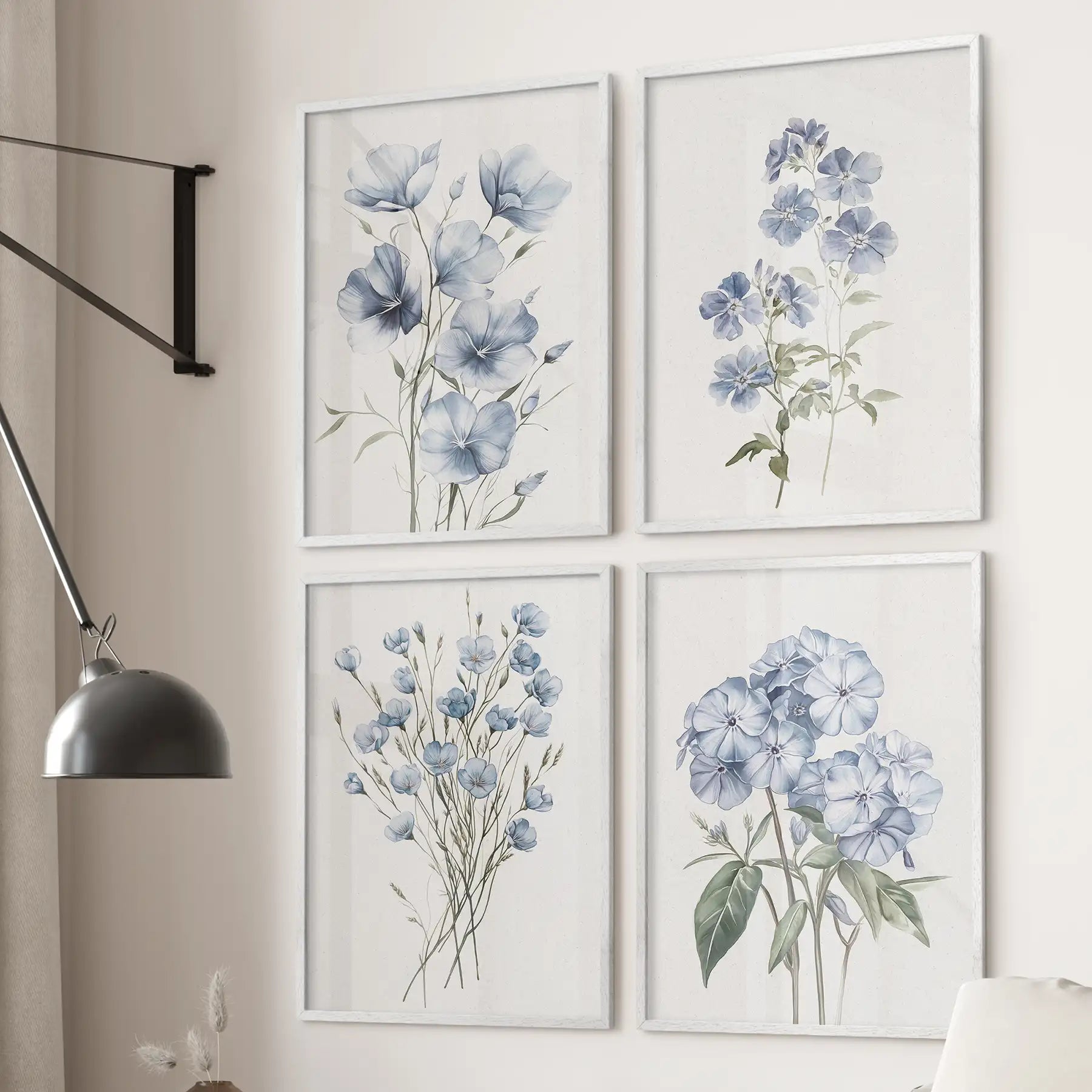 Blue Botanical Wall Art Set of 4 Prints. Flax, Phlox Flowers